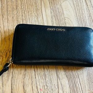JIMMY CHOO Logo Long Zipper Wallet Leather Black Auth gold-tone hardware